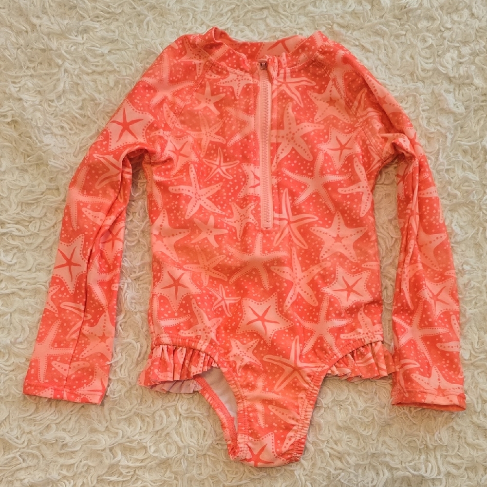 Kids Long Sleeve Starfish Rash Guard Swimsuit - Coral